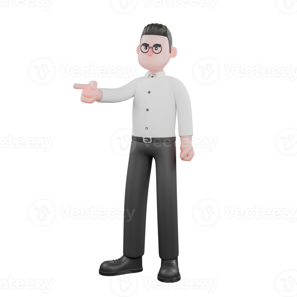 3D Movie Scene Producer. A male producer stands with one hand pointing forward while the other hand is clenched beside his body, firm expression. Director Model png