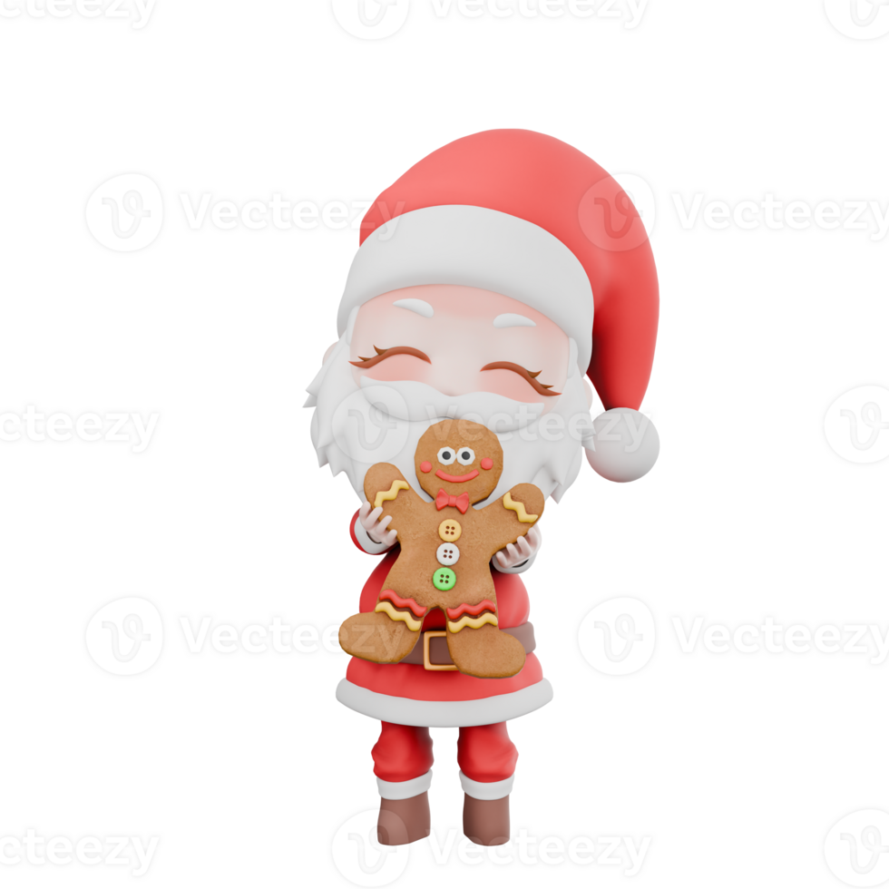 Festive Holiday Chibi Santa Boy Cartoon Character. A chibi santa boy stands with both hands holding a Christmas gingerbread cookie, smiling expression with eyes closed. Christmas 3D Model png