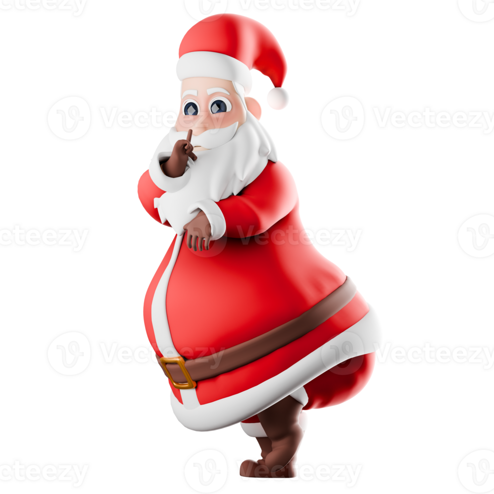 Festive Santa Claus Cartoon Holiday. A Santa Claus man stands with one leg raised and his right hand in front of his mouth and his left hand in front of his chest. 3D Christmas Model png