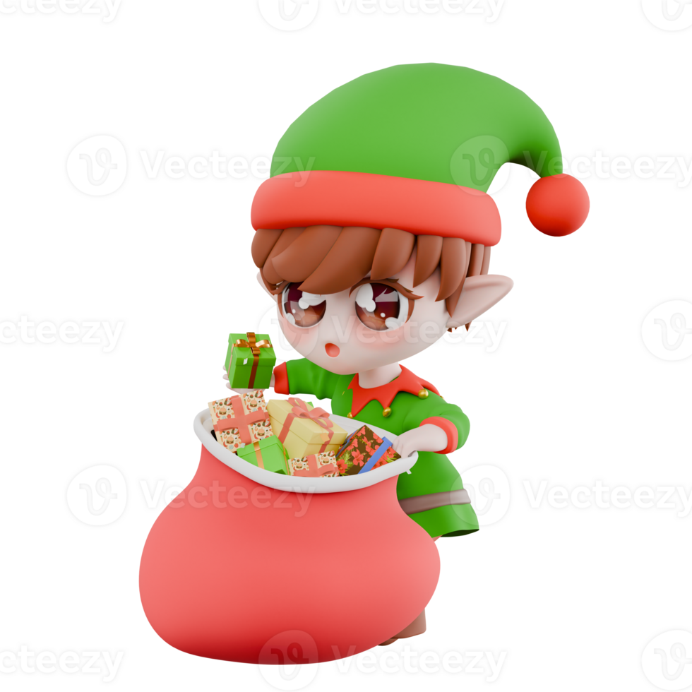 Christmas Holiday Elf Chibi Cartoon. A male Chibi elf stands with his left hand holding a sack of gifts while his right hand holds a gift, happy expression. Festive 3D Character png