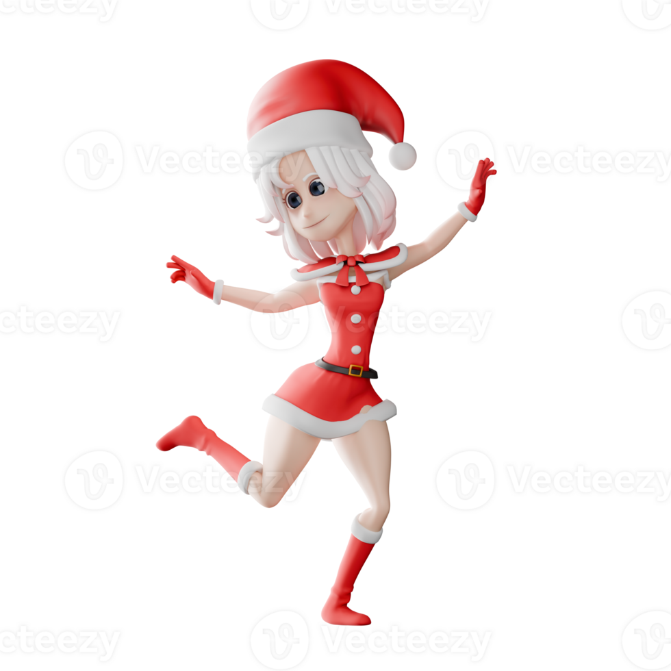 Girls Santa Cartoon Holiday Model. A girl santa walks while dancing, as if she is sliding on the snow. Festive 3D Character png