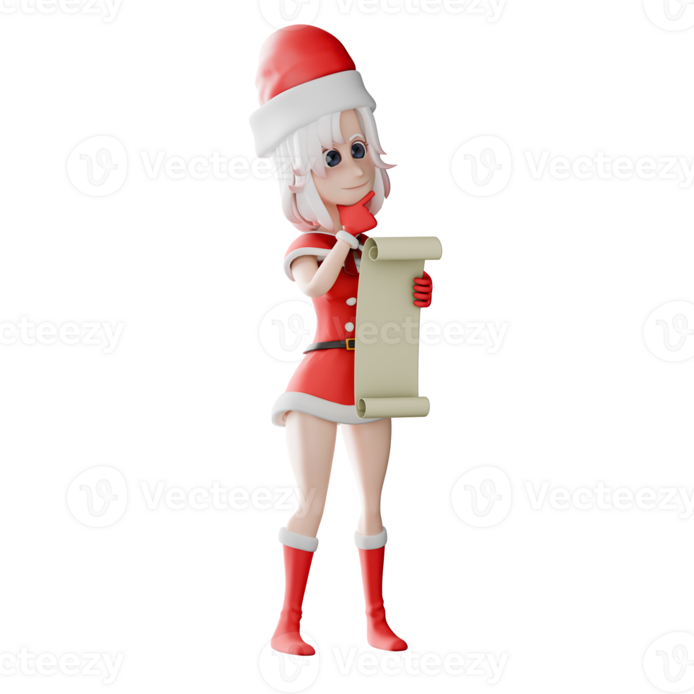 Girls Santa Claus 3D Cartoon Model. A girl santa stands with her right hand on her chin and her left hand holding a sheet of paper. Holiday Festive Character png