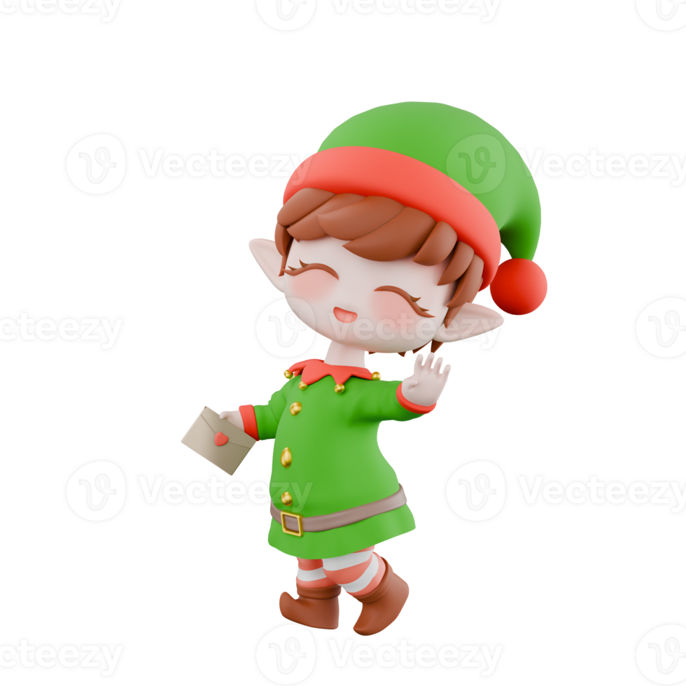 Festive Holiday Christmas Chibi Elf. A male Chibi elf walks while his right hand holds a letter while his left hand waves to the side, smiling expression with closed eyes. Cartoon 3D Character png
