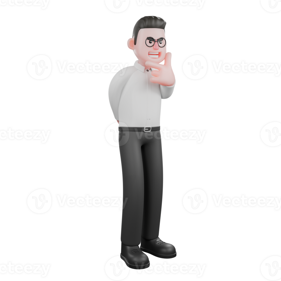 3D Cartoon Model. A male producer stands with one hand behind his back, while the other hand is on his chin, a sly smile expression. Filmmaker Illustration png