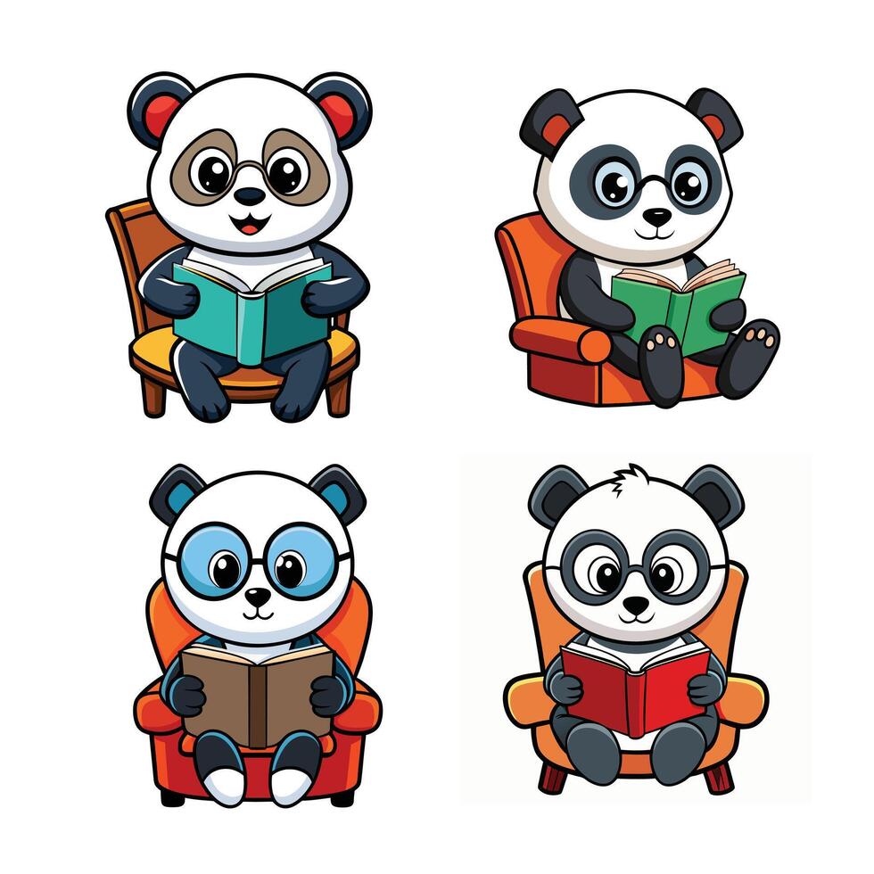 Adorable Baby Panda Reading A Cozy Chair, Glasses, and a Good Book Illustration. vector