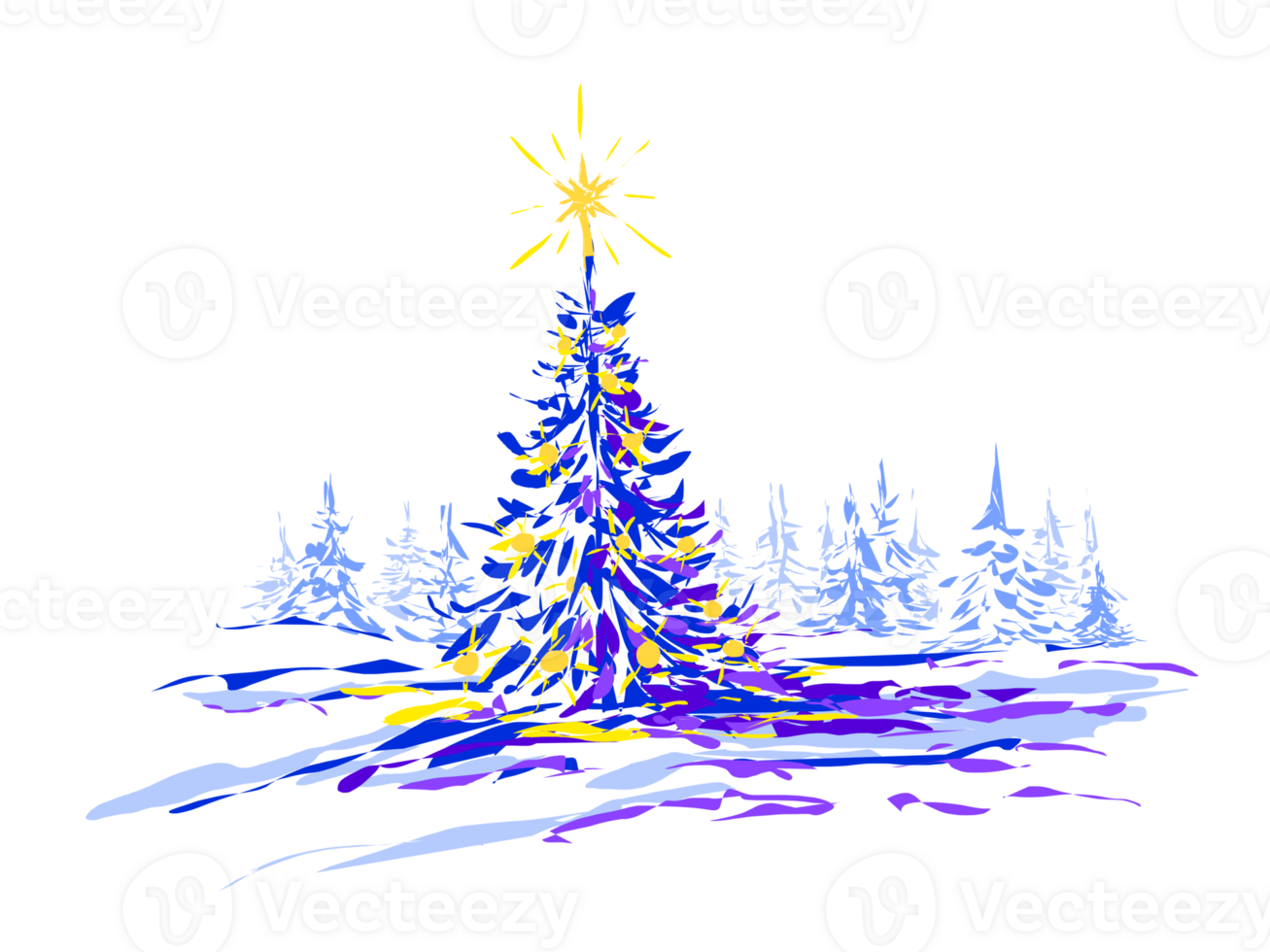 Digital art. Modern illustration, New Year scene of blue fir forest and High Christmas tree with star and shining decor png