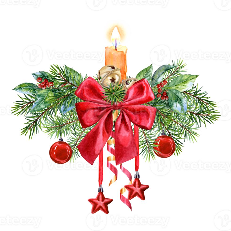 Fir garland with candle and Christmas decoration watercolor illustration png