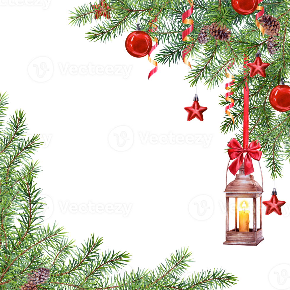 Christmas decoration on the fir paws in the corners. Christmas card and invitation design png