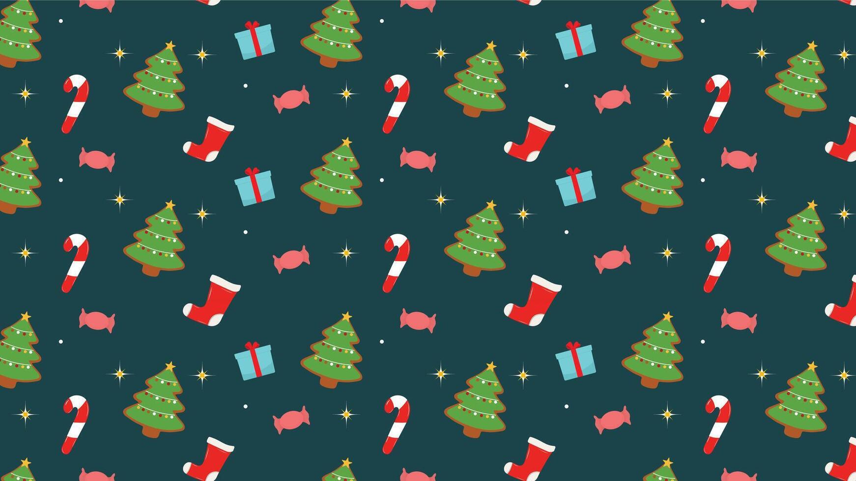 Christmas pattern with Xmas tree, candy, gift box and blue background vector