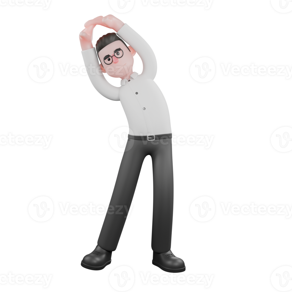 Creative 3D Producer. A male producer stands while stretching his body to the side with both hands above his head, relieved expression. Animation png