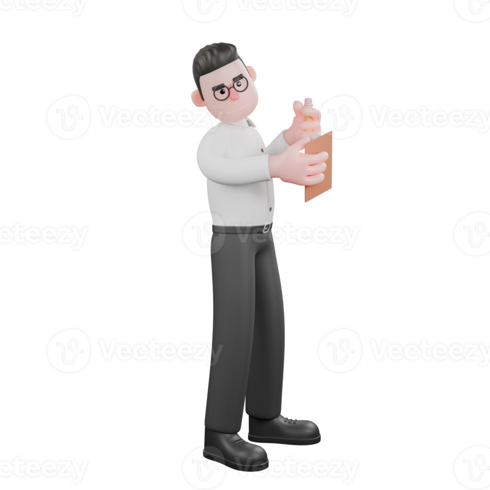 3D Producer Design. A male producer stands holding a clipboard in his right hand and holding a pencil in his left hand, serious expression. Film Style png