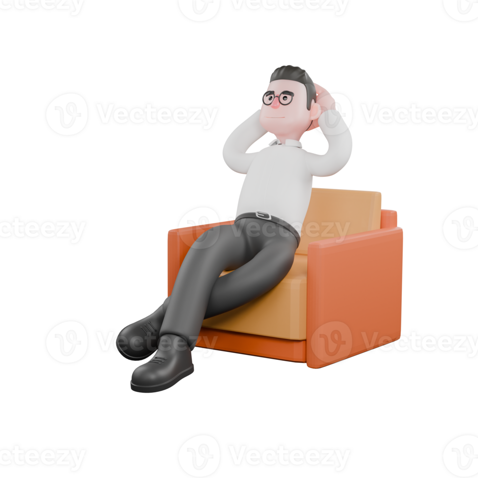 3D Filmmaker Producer. A male producer sits on a sofa with his legs crossed while both hands are behind his head, relaxed expression. Cartoon 3D Model png