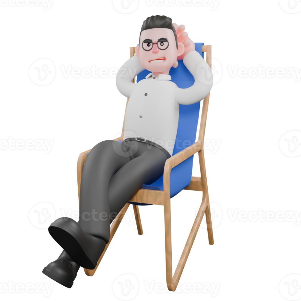 Animated 3D Cartoon. A male producer sits on a chair with one leg crossed over the other while both hands are behind his head, a relaxed and arrogant expression. Animation png