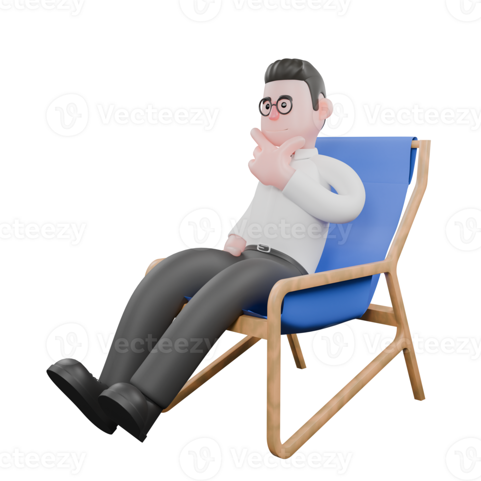 Animated 3D Cartoon. A male producer sits on a chair with one hand in his pocket while the other hand is holding his chin. Animation png