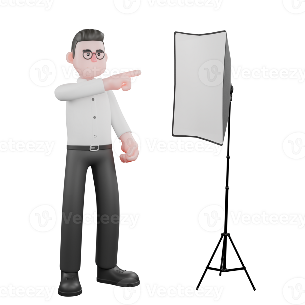 Film Studio Producer. A male producer stands with his right hand pointing to the studio light in front of him. Studio Style png