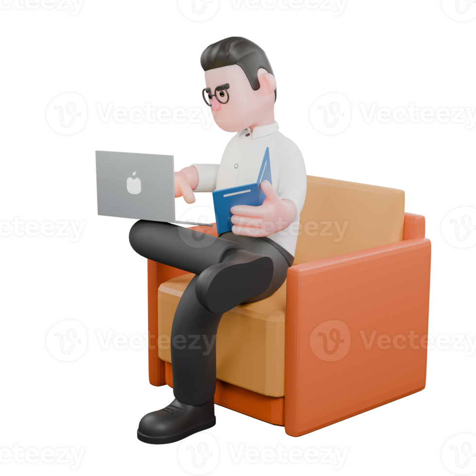 Cartoon Movie Director. A male producer sits on a sofa with a laptop open on his lap, typing notes while looking at a book. Director Model png