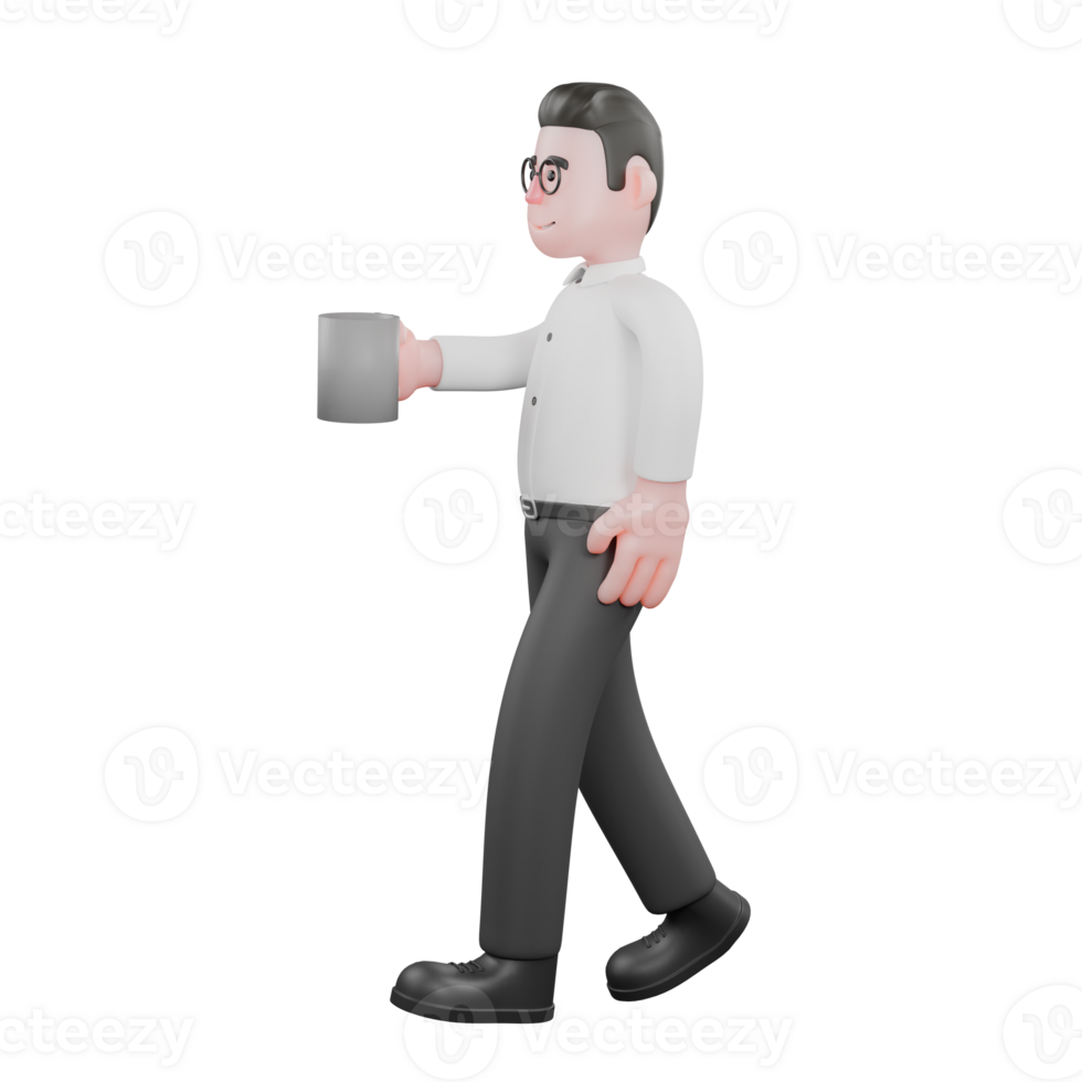 3D Cartoon Model. A male producer walks while holding a cup with his right hand while his left hand is beside his body. 3D Style png