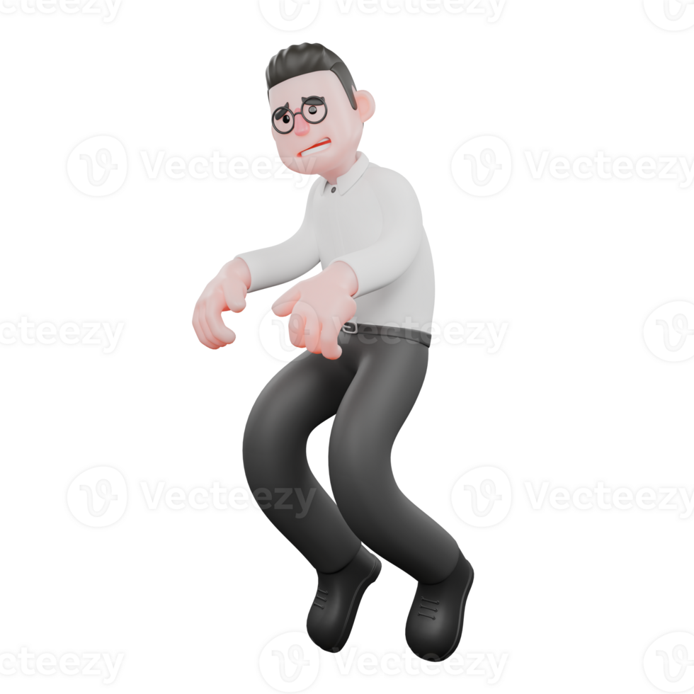 3D Producer Design. A male producer walks on tiptoes while his hands are at his sides, a cunning and scheming expression. Professional Illustration png
