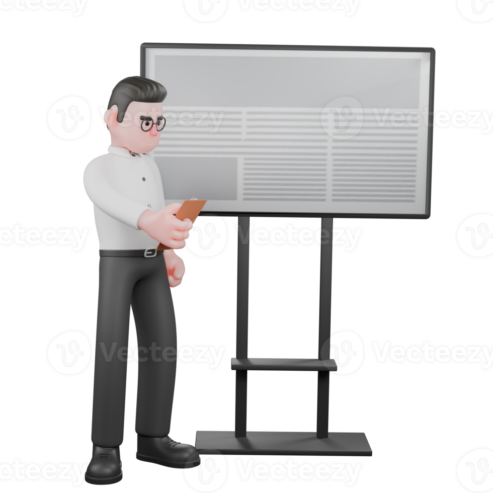 Movie Producer Cartoon. A male producer stands in front of a blackboard, holding a notepad with his right hand while his left hand is clenched at his side. Studio Style png