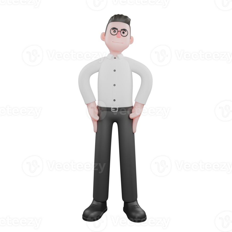Producer Character in 3D. A male producer stands with both hands on his waist, chest puffed out and head raised, an expression full of confidence. Professional Illustration png
