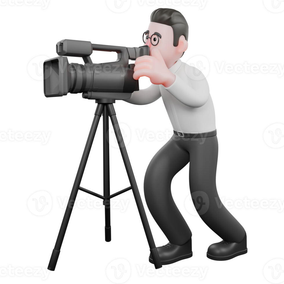 Cartoon Movie Director. A male producer stands slightly bent over while looking at a studio camera in front of him. Movie Style png