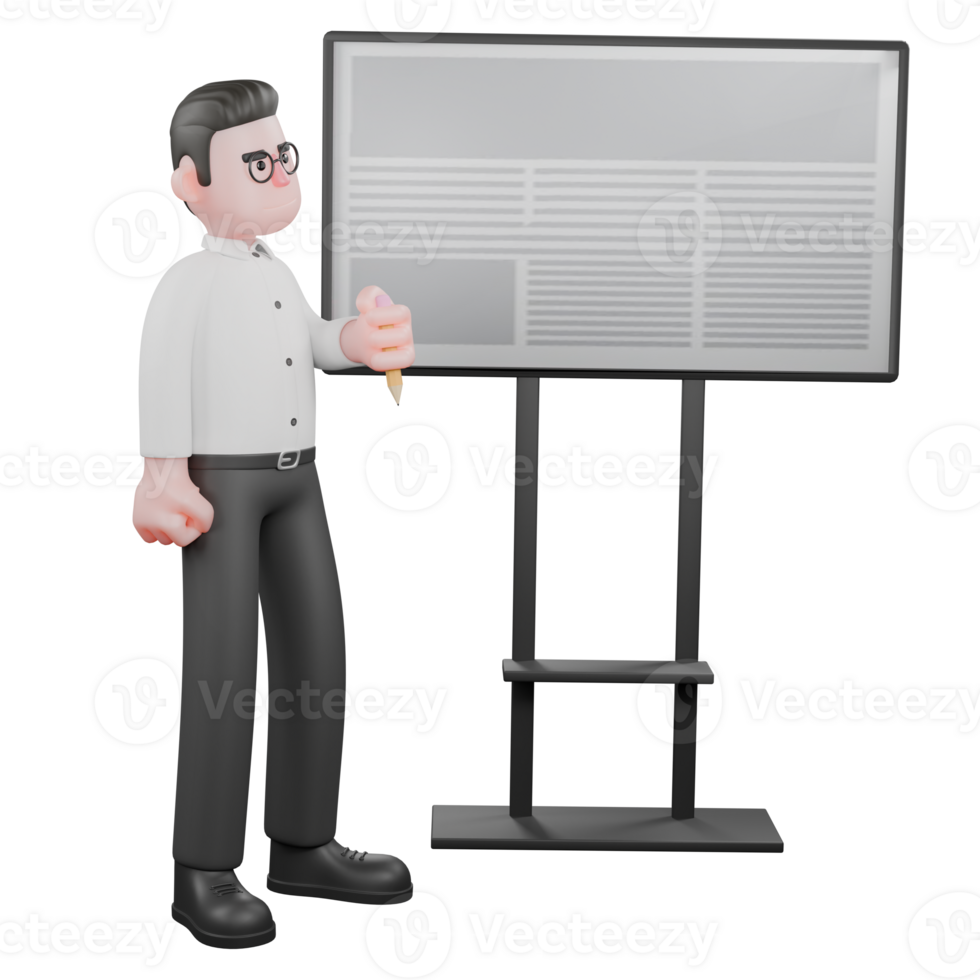 Animated 3D Cartoon. A male producer stands with his right hand holding a pen, ready to write on the board with a ready expression. Director Model png