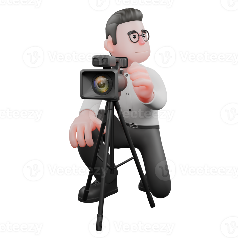 Film Set Cartoon Producer. A male producer squats while facing left with a studio camera in front of him, smiling expression. Animation png