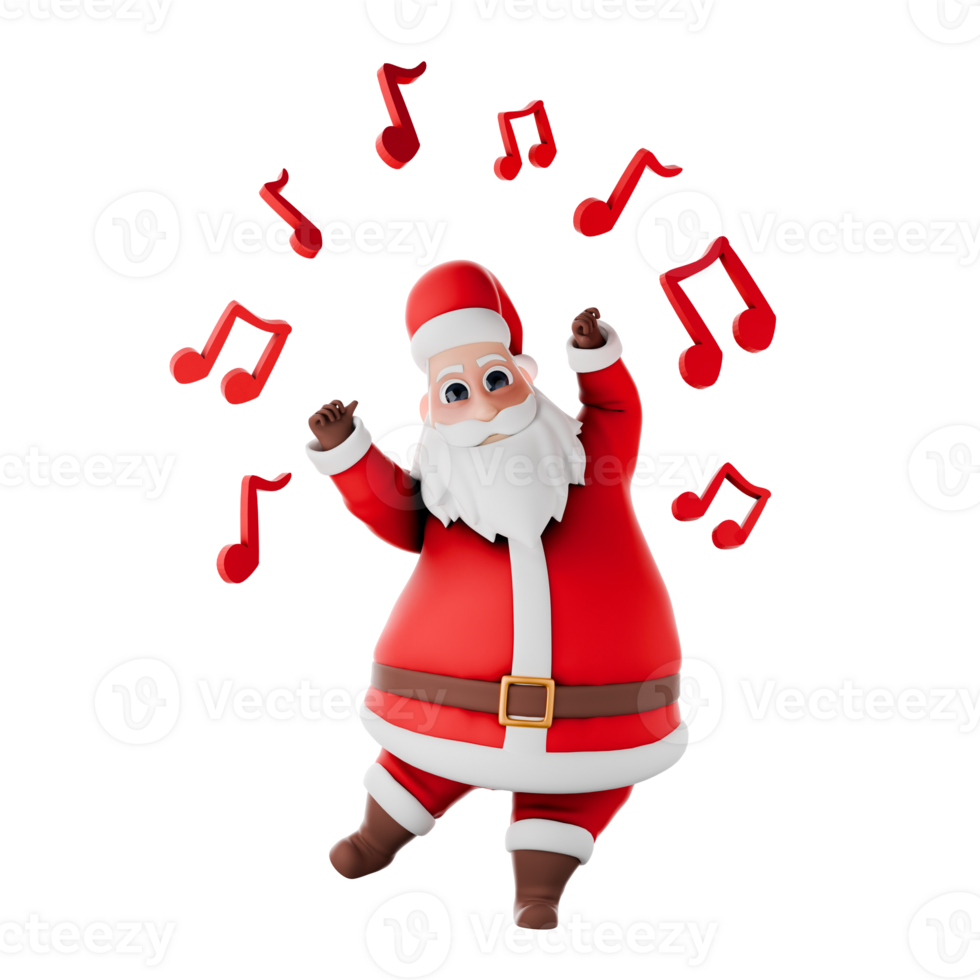 Festive Fat Santa Cartoon Character. A Santa Claus man stands with both hands raised and surrounded by notes with a happy expression. 3D Holiday Illustration png