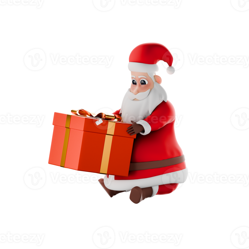 Fat Santa Festive Character. A Santa Claus man sits on the floor with both hands holding a gift with a serious expression. 3D Christmas Style png