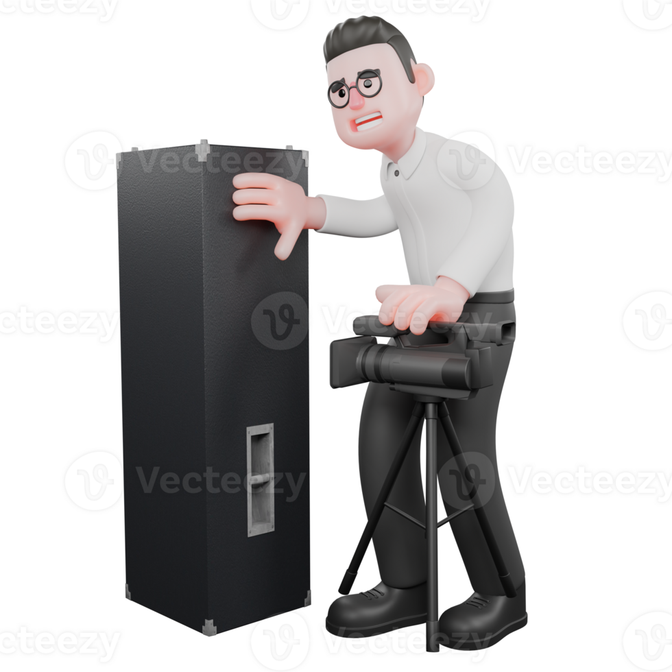 Creative 3D Model. A male producer with his right hand holding a loudspeaker while his left hand holds a camera in front of his body. Movie Style png
