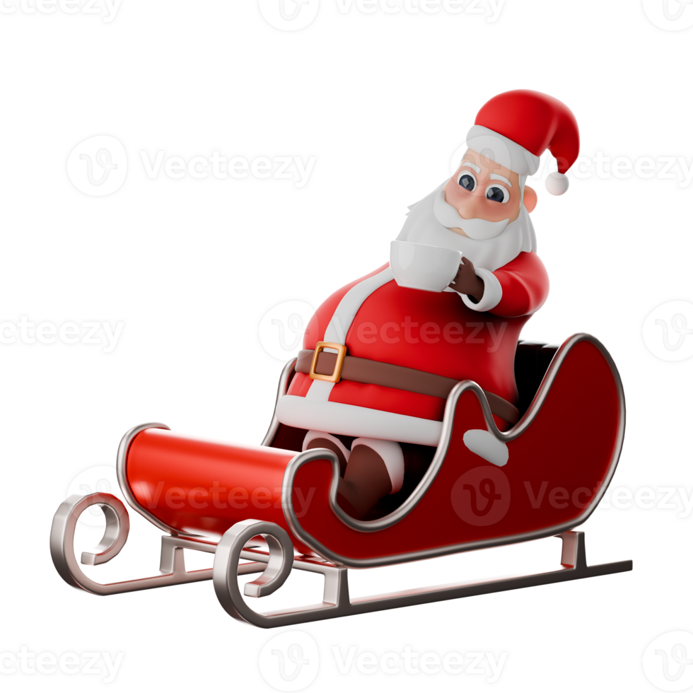 3D Santa Claus Character. A Santa Claus man sits on a Christmas sleigh holding a cup in his left hand. Cartoon Christmas Style png
