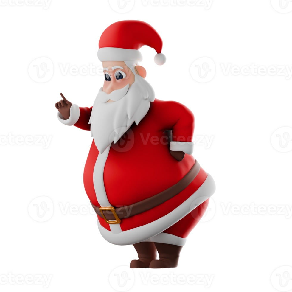 Holiday Christmas Santa Cartoon. A Santa Claus man stands with his right hand pointing forward, and his left hand is on his waist, an angry expression. Festive 3D Model png