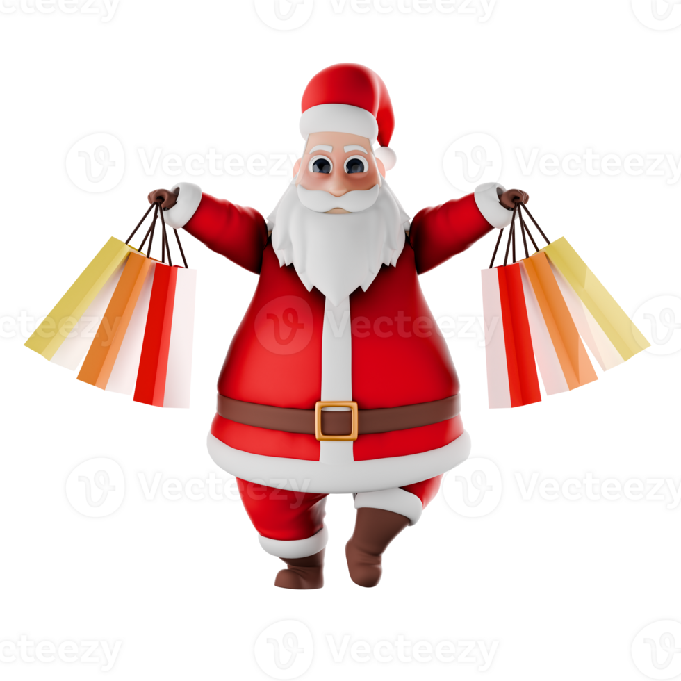 Cartoon Santa Claus Christmas. A Santa Claus man walks with both hands straight to the side and there is a sack of presents. 3D Holiday Design png