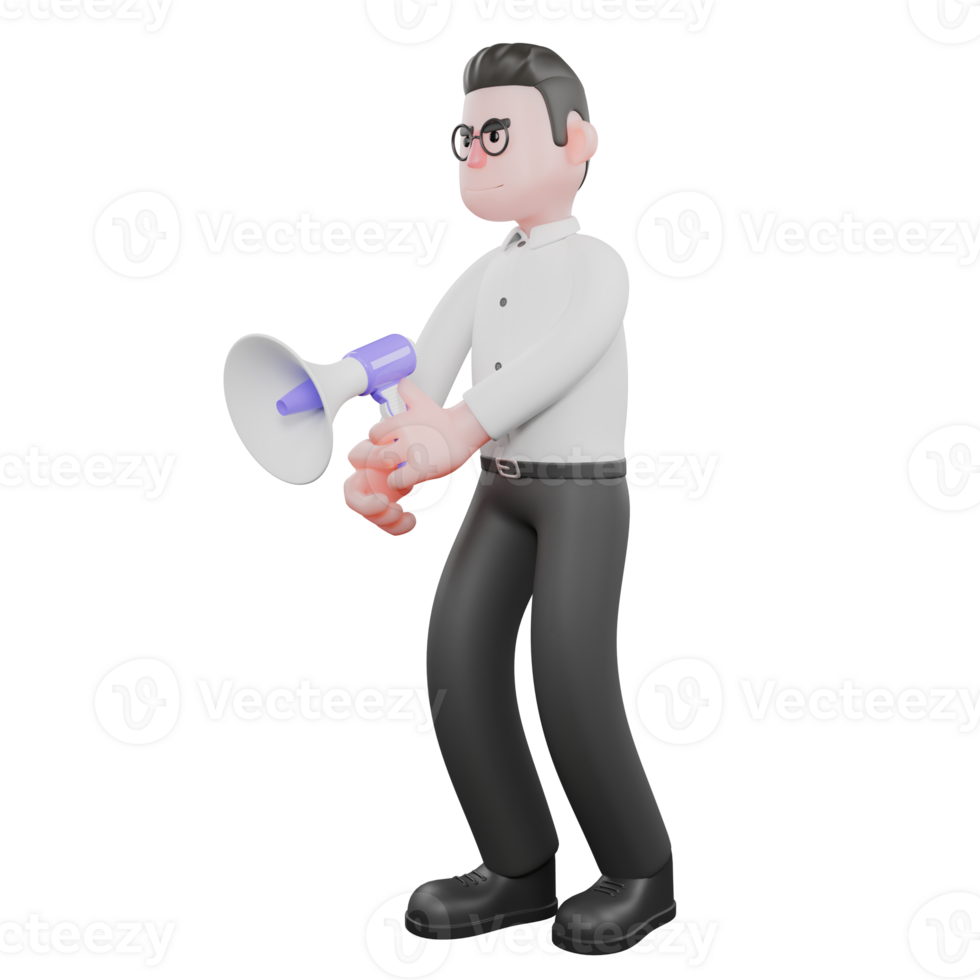 3D Producer Character.a male producer stands facing right with a loudspeaker held by both hands. Cartoon 3D Model png