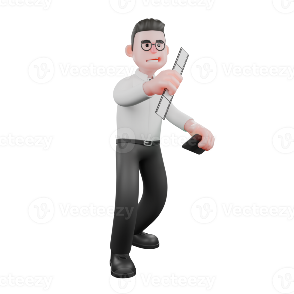 Animated 3D Producer. A male producer stands with a film photo in his right hand while his left hand holds a cassette. Producer Character png