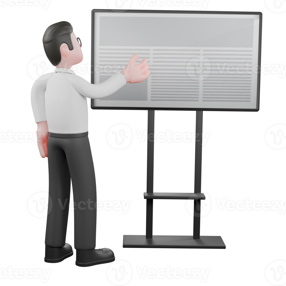 Creative 3D Model. A male producer stands in front of a blackboard while his right hand points to the blackboard while his left hand is at his side His body. Movie Style png