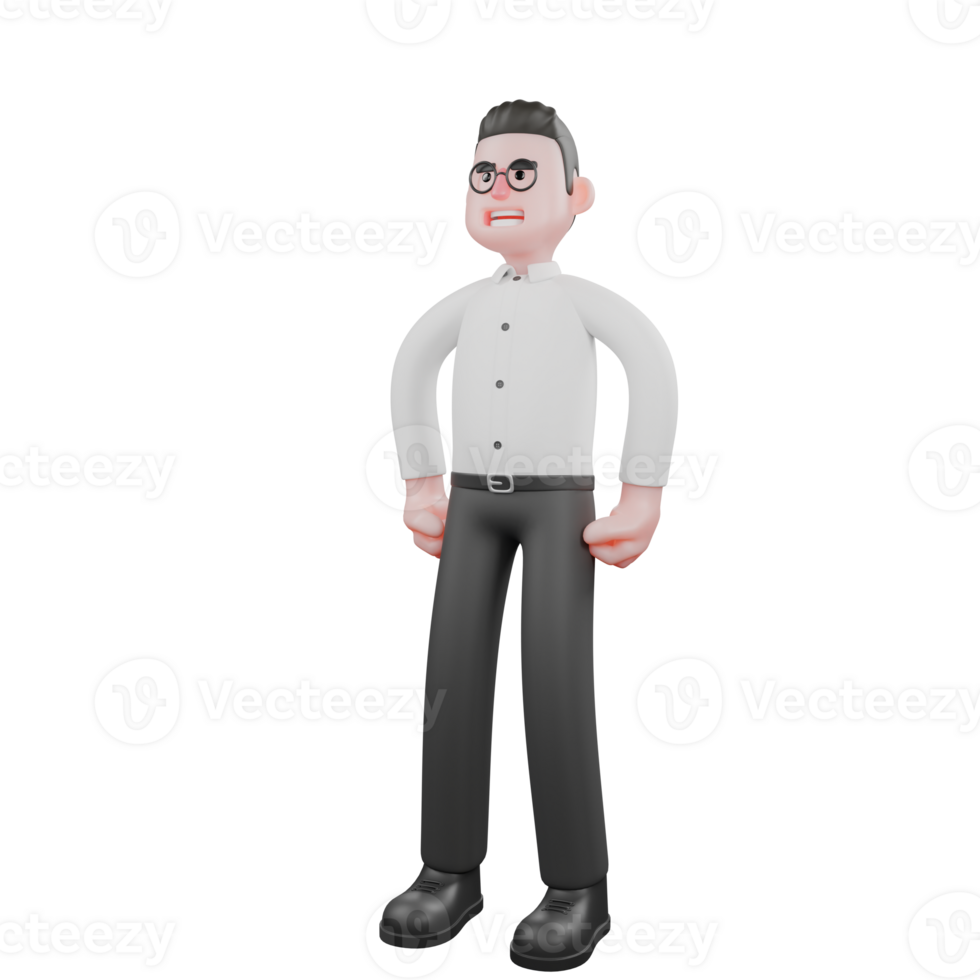 3D Cartoon Model. A male producer stands with both hands on his waist, head slightly tilted to the side, eyes looking far away with a bright expression. Producer Character png