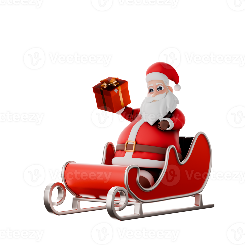 3D Christmas Santa. A Santa Claus man sits on a Christmas train carrying a gift in his right hand. Holiday Cartoon Character png