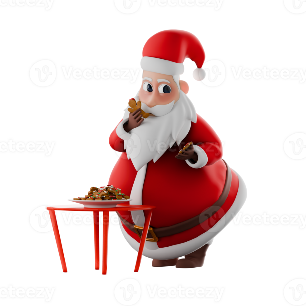 Christmas Cartoon Santa. A santa claus man stands beside a dining table with both hands holding cookies, as if he wants to eat them. 3D Character Design png