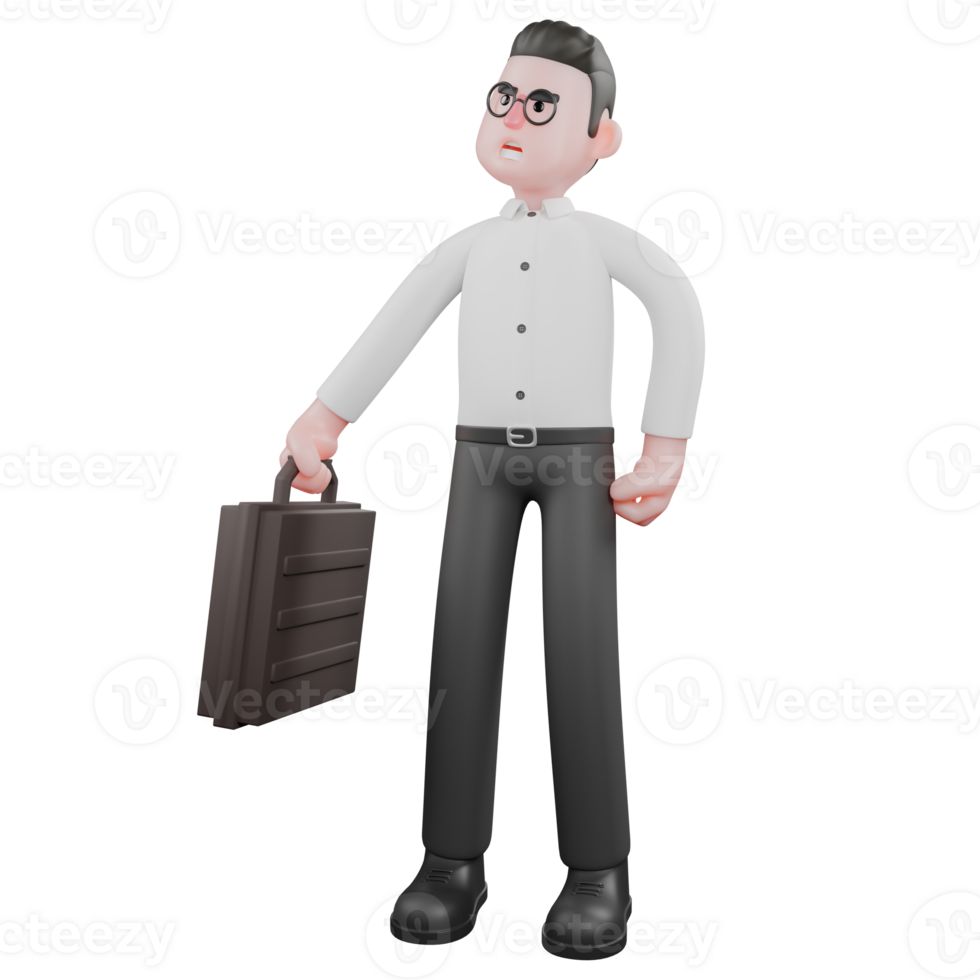 3D Producer Design. A male producer stands with one hand holding a black briefcase while the other hand grips his hip. 3D Cartoon Model png