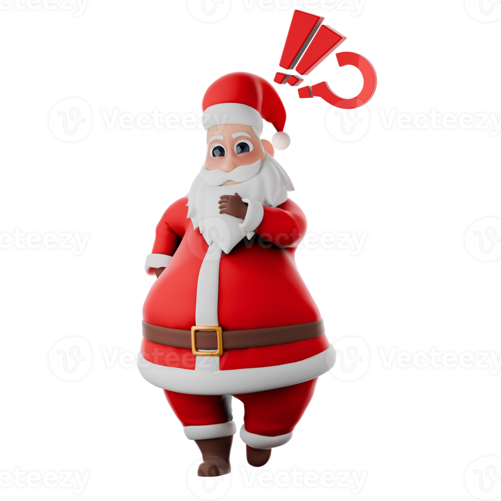Santa Claus 3D Cartoon. A Santa Claus man stands with his left hand holding his beard, looking like he is thinking hard. Holiday Style Character png