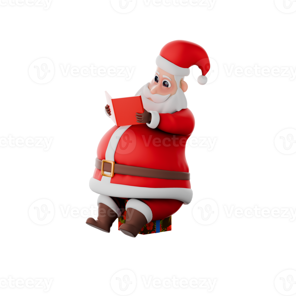 3D Santa Claus Design. A Santa Claus man sits on a gift while reading a bookChristmas. Cartoon Illustration png