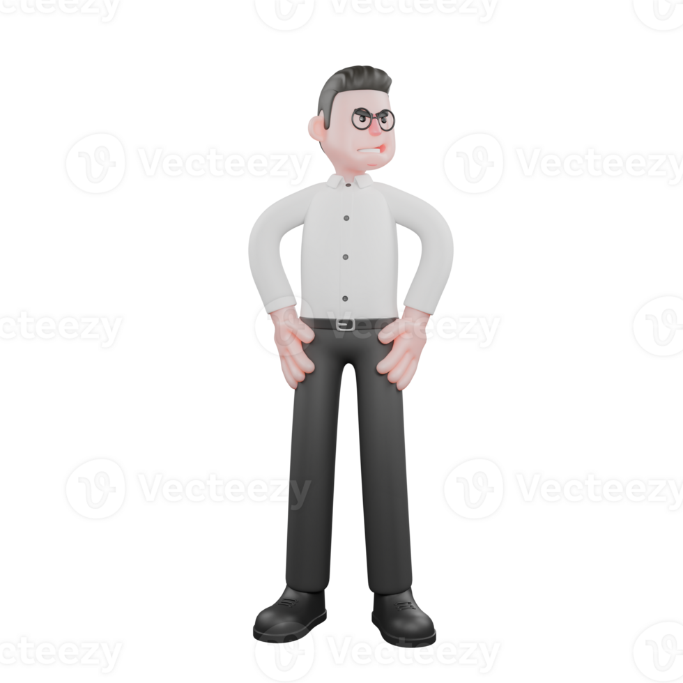 3D Producer Design. A male producer stands straight with both hands on his waist, angry expression. Film Style png