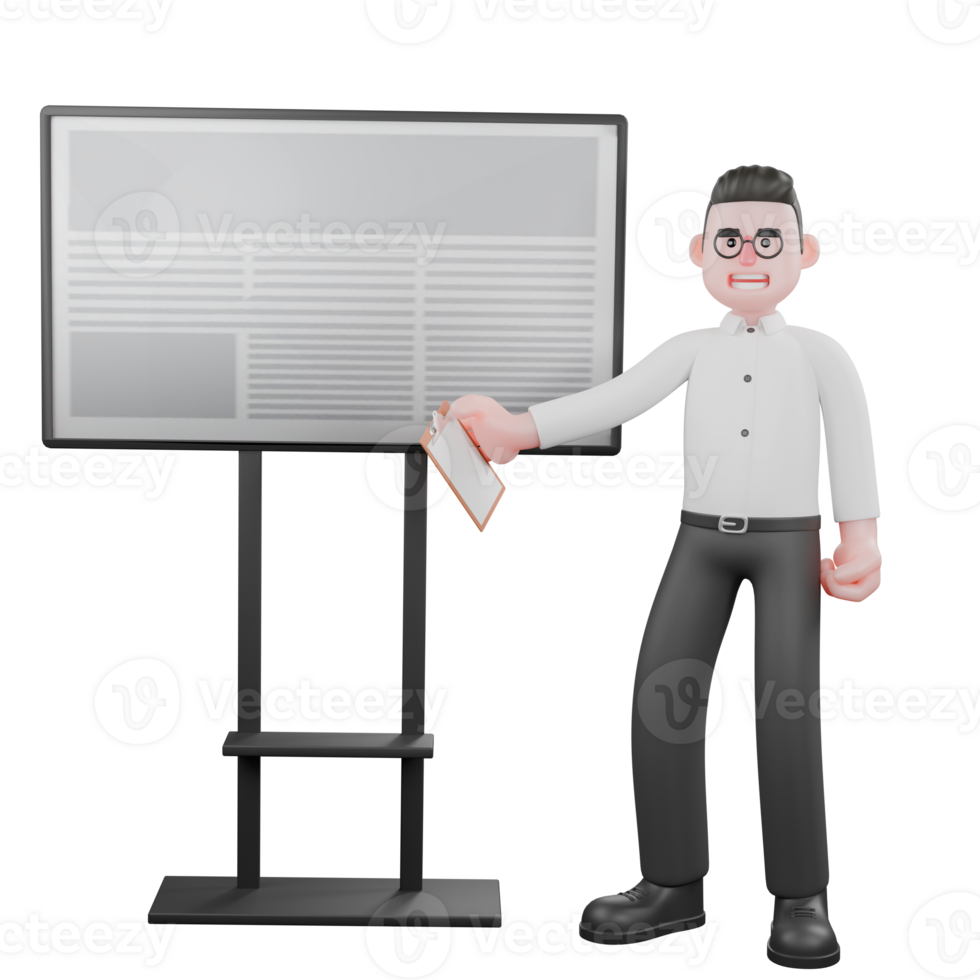 3D Producer Design. A male producer stands next to a blackboard while his right hand holds the notepad forward while his left hand is clenched at his side, expression explaining. 3D Style png