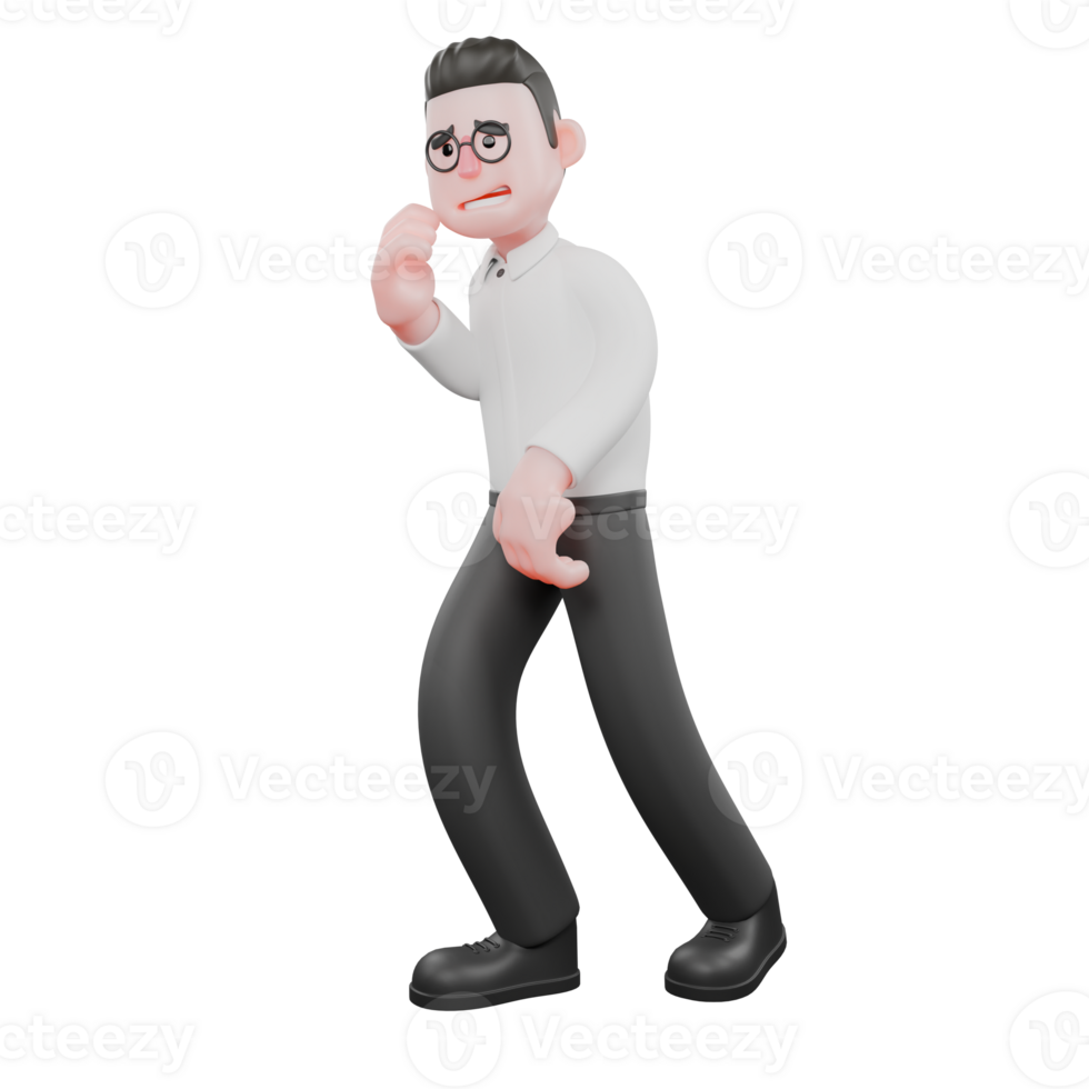 Animated 3D Cartoon. A male producer walks with his right hand holding his chin while his left hand is in front of his body. Animation png