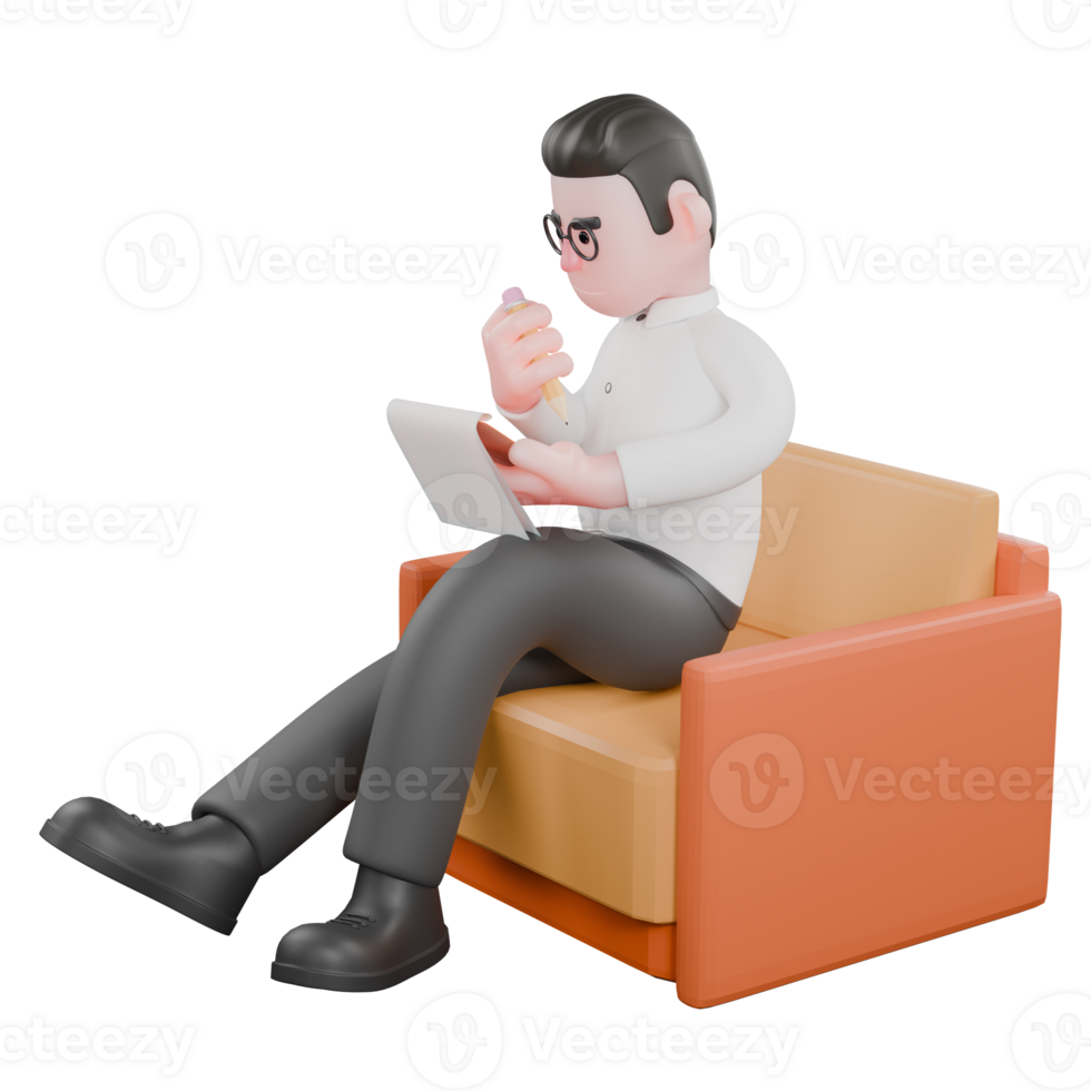 Animated 3D Cartoon. A male producer sits on a sofa with one hand holding a notepad while the other hand holds a pen, serious expression. Filmmaker Illustration png