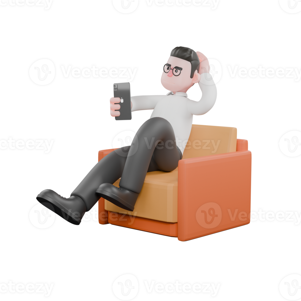 3D Producer Design. A male producer sits on a sofa with his right hand holding a cellphone while his left hand is holding his head. Producer Character png