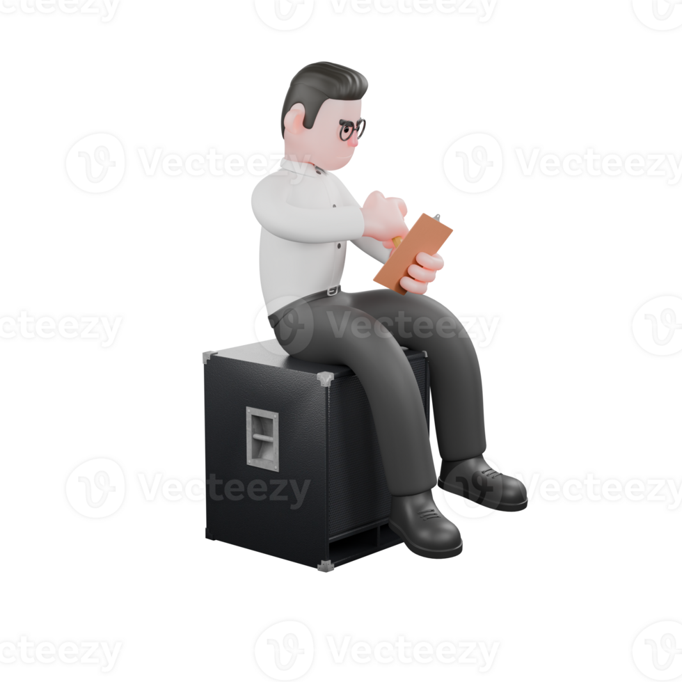 Film Scene 3D Producer. A male producer sits at the speaker with his left hand holding a notepad and his right hand pointing to the notepad. Producer Character png