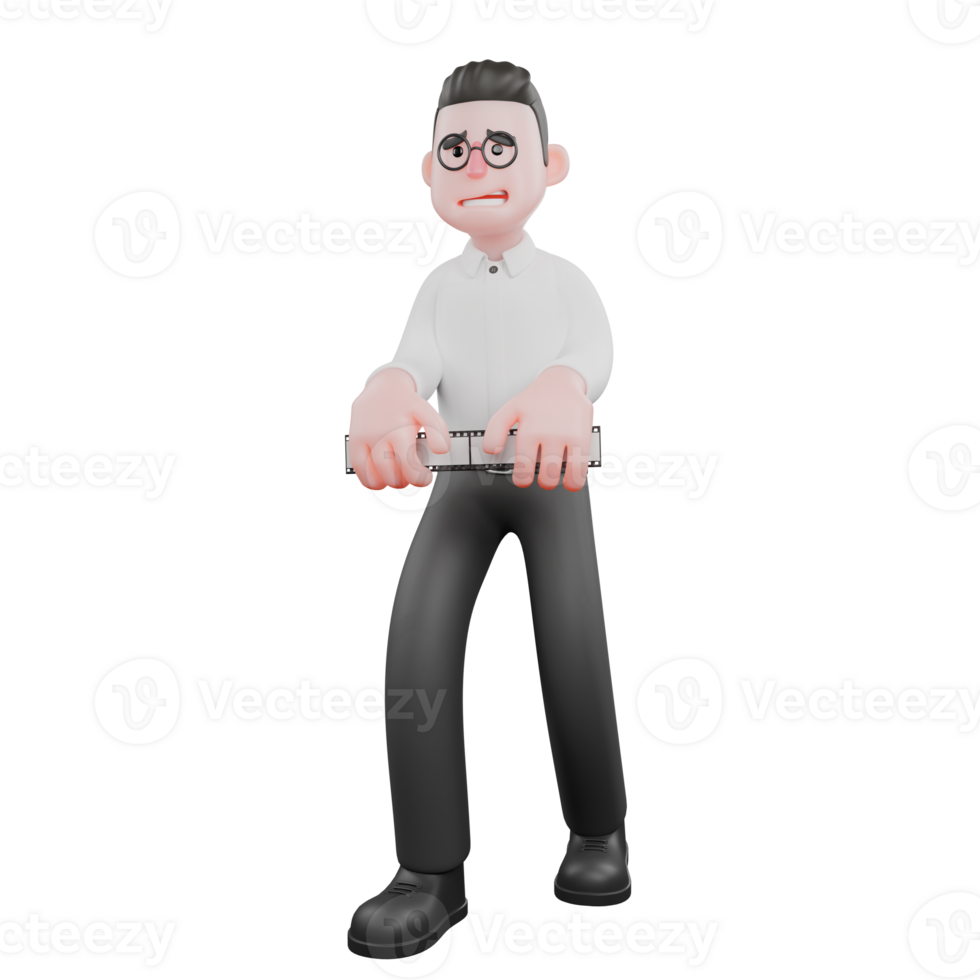 3D Cartoon Model. A male producer walks slowly with both hands in front of his body carrying a film photo, a cautious and anxious expression. Cartoon 3D Model png