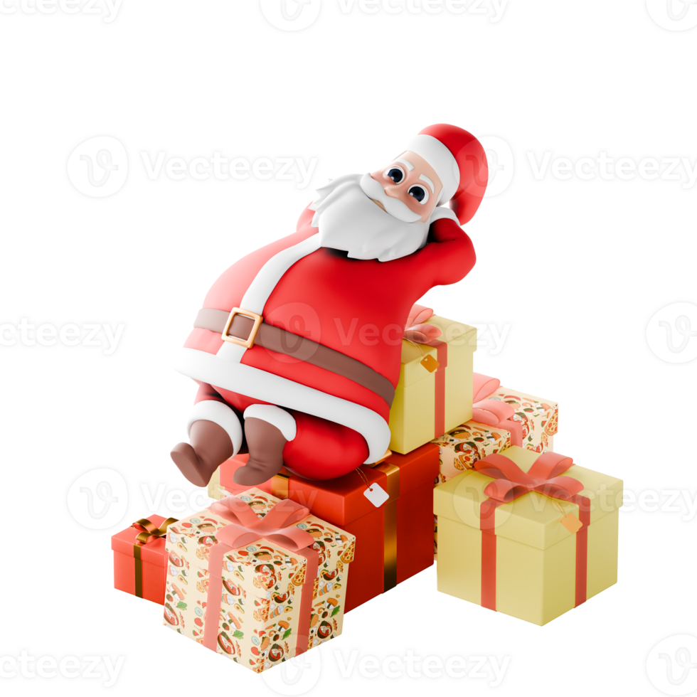 Christmas Santa Cartoon Model. A Santa Claus man sits on a pile of presents, with his hands behind his head and a relaxed expression. 3D Festive Design png